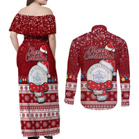 Palau Christmas Couples Matching Off Shoulder Maxi Dress and Long Sleeve Button Shirt Snowman and Palau Coat of Arms Maori Tribal Xmas Style LT03 - Polynesian Pride