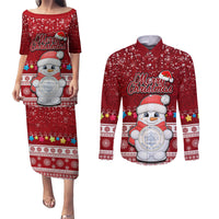 Palau Christmas Couples Matching Puletasi Dress and Long Sleeve Button Shirt Snowman and Palau Coat of Arms Maori Tribal Xmas Style LT03 Red - Polynesian Pride