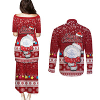 Palau Christmas Couples Matching Puletasi Dress and Long Sleeve Button Shirt Snowman and Palau Coat of Arms Maori Tribal Xmas Style LT03 - Polynesian Pride