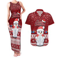 Palau Christmas Couples Matching Tank Maxi Dress and Hawaiian Shirt Snowman and Palau Coat of Arms Maori Tribal Xmas Style LT03 Red - Polynesian Pride