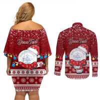 Personalised Palau Christmas Couples Matching Off Shoulder Short Dress and Long Sleeve Button Shirt Snowman and Palau Coat of Arms Maori Tribal Xmas Style LT03 - Polynesian Pride