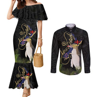 New Zealand Hoiho Couples Matching Mermaid Dress and Long Sleeve Button Shirt Maori Art Tattoo and Silver Fern LT03 Black - Polynesian Pride