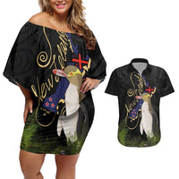 New Zealand Hoiho Couples Matching Off Shoulder Short Dress and Hawaiian Shirt Maori Art Tattoo and Silver Fern LT03 Black - Polynesian Pride