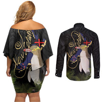 New Zealand Hoiho Couples Matching Off Shoulder Short Dress and Long Sleeve Button Shirt Maori Art Tattoo and Silver Fern LT03 - Polynesian Pride