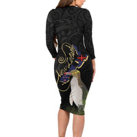 New Zealand Hoiho Long Sleeve Bodycon Dress Maori Art Tattoo and Silver Fern LT03 - Polynesian Pride