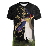 New Zealand Hoiho Women V-Neck T-Shirt Maori Art Tattoo and Silver Fern LT03 Female Black - Polynesian Pride