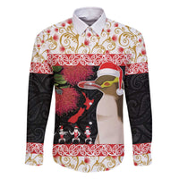 New Zealand Merry Christmas Family Matching Off The Shoulder Long Sleeve Dress and Hawaiian Shirt Hoiho Xmas - Haka Dance and Pohutukawa LT03 Dad's Shirt - Long Sleeve White - Polynesian Pride