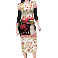New Zealand Merry Christmas Long Sleeve Bodycon Dress Hoiho Xmas - Haka Dance and Pohutukawa LT03 Long Dress White - Polynesian Pride