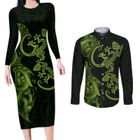New Zealand Gecko Maori Art Tattoo Couples Matching Long Sleeve Bodycon Dress and Long Sleeve Button Shirt LT03 Green - Polynesian Pride
