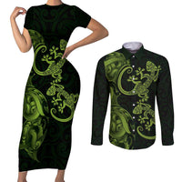 New Zealand Gecko Maori Art Tattoo Couples Matching Short Sleeve Bodycon Dress and Long Sleeve Button Shirt LT03 Green - Polynesian Pride