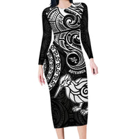 New Zealand Family Matching Long Sleeve Bodycon Dress and Hawaiian Shirt Stylized Kiwi Bird Tattoo Mix Koru Circle and Maori Ethnic Vibe LT03 Mom's Dress Black - Polynesian Pride