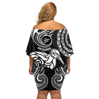 New Zealand Off Shoulder Short Dress Stylized Kiwi Bird Tattoo Mix Koru Circle and Maori Ethnic Vibe LT03 - Polynesian Pride