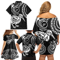 Personalised New Zealand Family Matching Off Shoulder Short Dress and Hawaiian Shirt Stylized Kiwi Bird Tattoo Mix Koru Circle and Maori Ethnic Vibe LT03 - Polynesian Pride