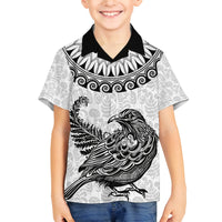 Custom New Zealand Family Matching Off Shoulder Short Dress and Hawaiian Shirt Tui Bird and Koru Circle Mix Silver Fern Pattern LT03 Son's Shirt White - Polynesian Pride