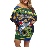 Funny Crocodile and Shark Solomon Islands Christmas Family Matching Off Shoulder Short Dress and Hawaiian Shirt with National Seal Melanesian Pattern