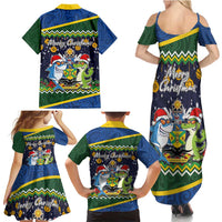 Funny Crocodile and Shark Solomon Islands Christmas Family Matching Summer Maxi Dress and Hawaiian Shirt with National Seal Melanesian Pattern