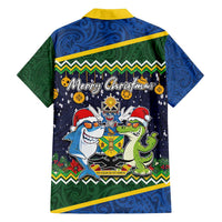 Funny Crocodile and Shark Solomon Islands Christmas Family Matching Summer Maxi Dress and Hawaiian Shirt with National Seal Melanesian Pattern