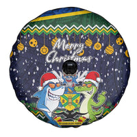 Funny Crocodile and Shark Solomon Islands Christmas Spare Tire Cover with National Seal Melanesian Pattern