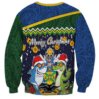 Funny Crocodile and Shark Solomon Islands Christmas Sweatshirt with National Seal Melanesian Pattern
