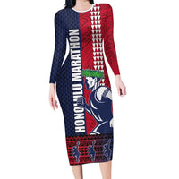 Honolulu Running 2024 Family Matching Long Sleeve Bodycon Dress and Hawaiian Shirt Marathon Competition Hula Runner and Kakau Art Tattoo LT03 Mom's Dress Blue - Polynesian Pride