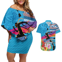 Honolulu Anniversary 52nd Running Couples Matching Off Shoulder Short Dress and Hawaiian Shirt Marathon Competition Kakau Pattern Blue Color