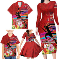 Honolulu Anniversary 52nd Running Family Matching Long Sleeve Bodycon Dress and Hawaiian Shirt Marathon Competition Kakau Pattern Red Color LT03 - Polynesian Pride