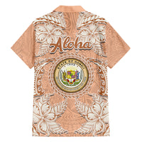 Hawaii Tropical Flowers with Kakau Tribal Family Matching Off Shoulder Long Sleeve Dress and Hawaiian Shirt Peach Fuzz Color LT03 - Polynesian Pride