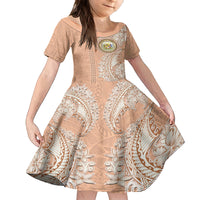 Hawaii Tropical Flowers with Kakau Tribal Family Matching Puletasi Dress and Hawaiian Shirt Peach Fuzz Color LT03 Daughter's Dress Peach Fuzz - Polynesian Pride