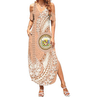 Hawaii Tropical Flowers with Kakau Tribal Family Matching Summer Maxi Dress and Hawaiian Shirt Peach Fuzz Color LT03 Mom's Dress Peach Fuzz - Polynesian Pride