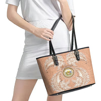 Hawaii Tropical Flowers with Kakau Tribal Leather Tote Bag Peach Fuzz Color LT03 - Polynesian Pride