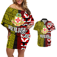 Tonga Kolisi Tonga Couples Matching Off Shoulder Short Dress and Hawaiian Shirt Ngatu and Geometric Pattern LT03 Red - Polynesian Pride