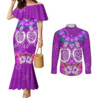 Polynesian Valentine Day Couples Matching Mermaid Dress and Long Sleeve Button Shirt Love Couple Turtle Maori Hibiscus Purple LT03 Purple - Polynesian Pride