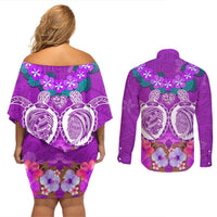 Polynesian Valentine Day Couples Matching Off Shoulder Short Dress and Long Sleeve Button Shirt Love Couple Turtle Maori Hibiscus Purple LT03 - Polynesian Pride