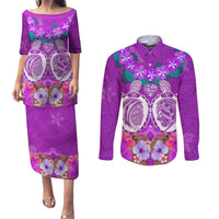 Polynesian Valentine Day Couples Matching Puletasi and Long Sleeve Button Shirt Love Couple Turtle Maori Hibiscus Purple LT03 Purple - Polynesian Pride