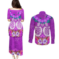 Polynesian Valentine Day Couples Matching Puletasi and Long Sleeve Button Shirt Love Couple Turtle Maori Hibiscus Purple LT03 - Polynesian Pride