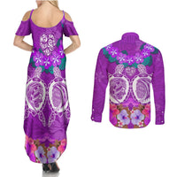 Polynesian Valentine Day Couples Matching Summer Maxi Dress and Long Sleeve Button Shirt Love Couple Turtle Maori Hibiscus Purple LT03 - Polynesian Pride