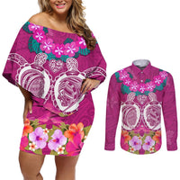 Polynesian Valentine Day Couples Matching Off Shoulder Short Dress and Long Sleeve Button Shirt Love Couple Turtle Maori Hibiscus Pink LT03 Pink - Polynesian Pride
