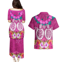 Polynesian Valentine Day Couples Matching Puletasi and Hawaiian Shirt Love Couple Turtle Maori Hibiscus Pink LT03 - Polynesian Pride