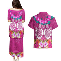 Polynesian Valentine Day Couples Matching Puletasi and Hawaiian Shirt Love Couple Turtle Maori Hibiscus Pink LT03 - Polynesian Pride