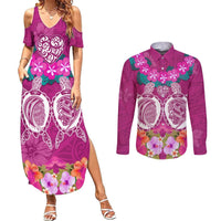 Polynesian Valentine Day Couples Matching Summer Maxi Dress and Long Sleeve Button Shirt Love Couple Turtle Maori Hibiscus Pink LT03 Pink - Polynesian Pride