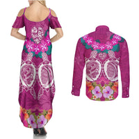 Polynesian Valentine Day Couples Matching Summer Maxi Dress and Long Sleeve Button Shirt Love Couple Turtle Maori Hibiscus Pink LT03 - Polynesian Pride