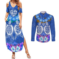Polynesian Valentine Day Couples Matching Summer Maxi Dress and Long Sleeve Button Shirt Love Couple Turtle Maori Hibiscus Blue LT03 Blue - Polynesian Pride