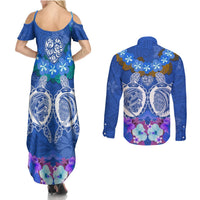 Polynesian Valentine Day Couples Matching Summer Maxi Dress and Long Sleeve Button Shirt Love Couple Turtle Maori Hibiscus Blue LT03 - Polynesian Pride