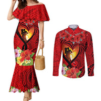 Hawaii Valentine Day Couples Matching Mermaid Dress and Long Sleeve Button Shirt Couple on Beach mix Hibiscus and Polynesian Tattoo LT03 Red - Polynesian Pride
