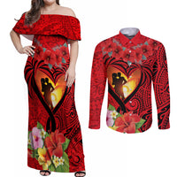 Hawaii Valentine Day Couples Matching Off Shoulder Maxi Dress and Long Sleeve Button Shirt Couple on Beach mix Hibiscus and Polynesian Tattoo LT03 Red - Polynesian Pride