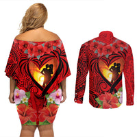 Hawaii Valentine Day Couples Matching Off Shoulder Short Dress and Long Sleeve Button Shirt Couple on Beach mix Hibiscus and Polynesian Tattoo LT03 - Polynesian Pride