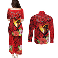 Hawaii Valentine Day Couples Matching Puletasi and Long Sleeve Button Shirt Couple on Beach mix Hibiscus and Polynesian Tattoo LT03 - Polynesian Pride