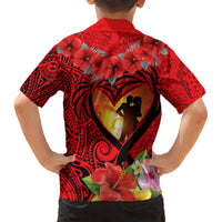 Hawaii Valentine Day Kid Hawaiian Shirt Couple on Beach mix Hibiscus and Polynesian Tattoo LT03 - Polynesian Pride