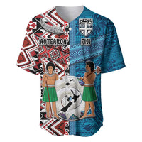 Personalised Aotearoa and Fiji Together Baseball Jersey Melanesian Warrior and Koru - Taniko with Hibiscus Tapa Pattern