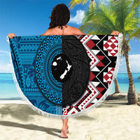 Personalised Aotearoa and Fiji Together Beach Blanket Melanesian Warrior and Koru - Taniko with Hibiscus Tapa Pattern